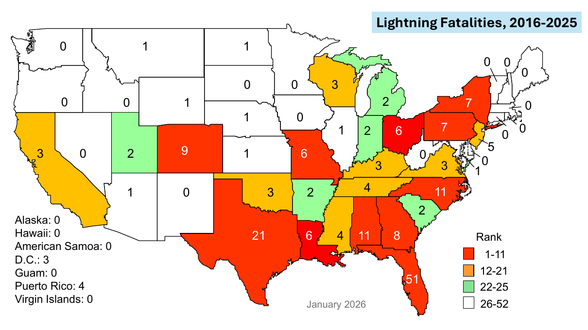 Map of US lightning deaths by state, 2016 to 2025
