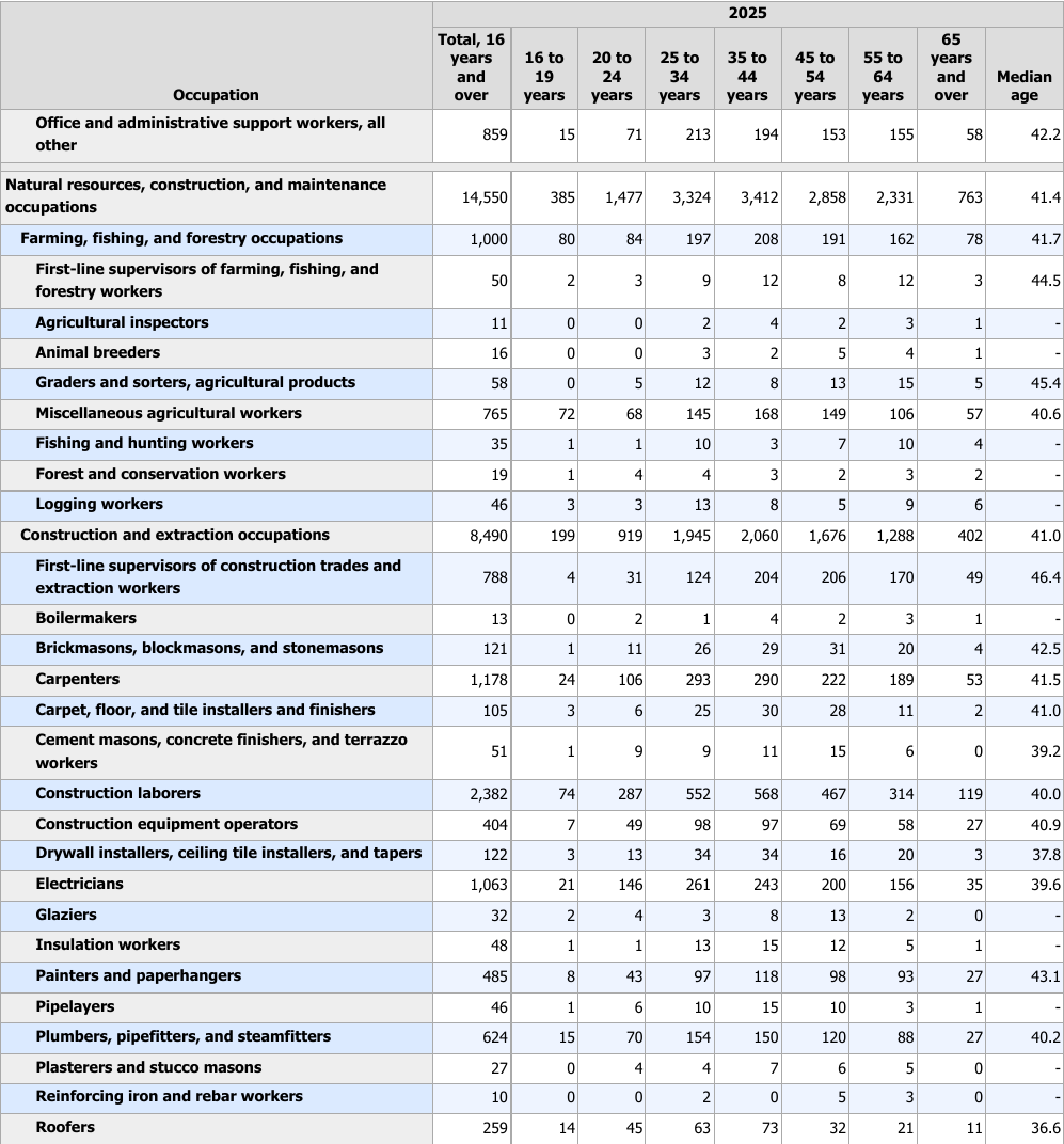 Employed people by detailed occupation and age in 2025, including electricians, carpenters, plumbers and construction laborers