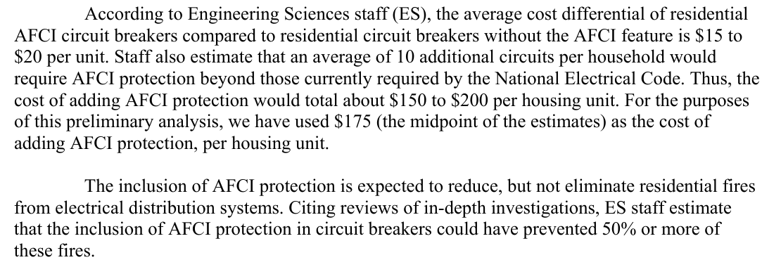 CPSC staff memo paragraphs on the cost of AFCI protection and its estimated effect on residential electrical distribution fires