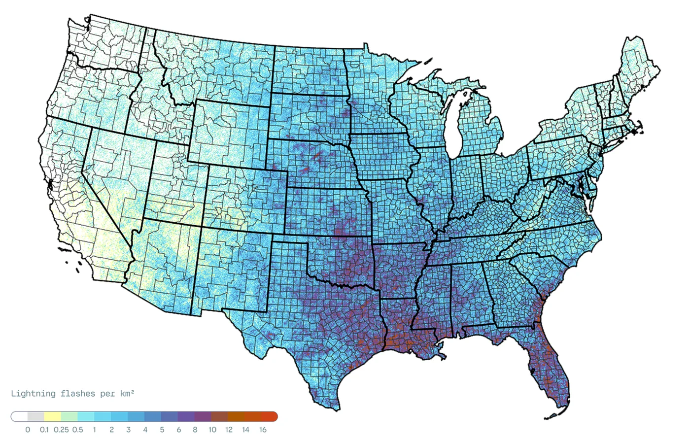 Map of US lightning flash density per square kilometer in 2025