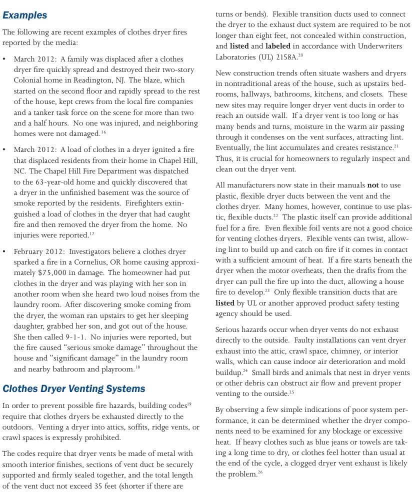 Clothes dryer venting systems page from the USFA report, with the 35 foot duct length limit and flexible duct guidance