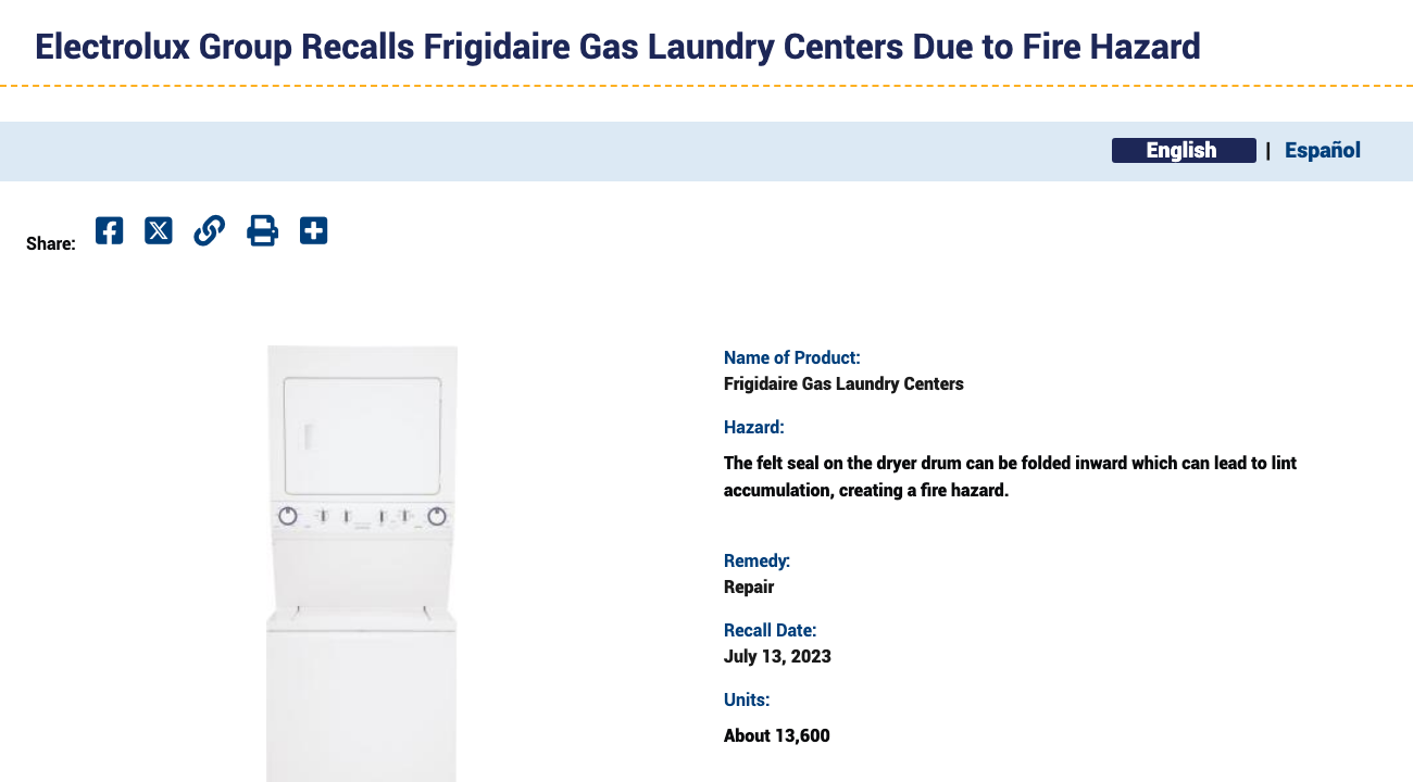 CPSC recall page for Frigidaire gas laundry centers recalled for lint accumulation and fire hazard, July 2023