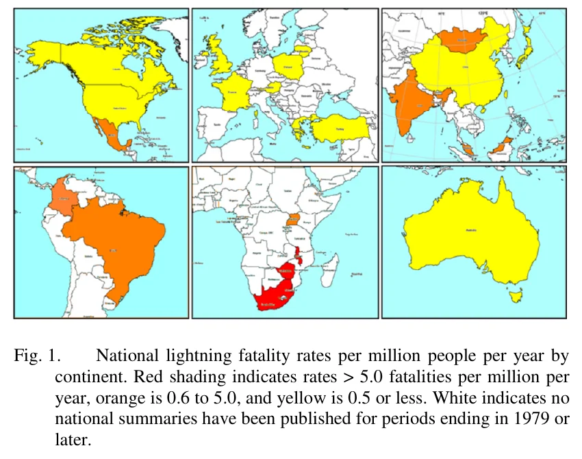Maps of national lightning fatality rates per million people by continent